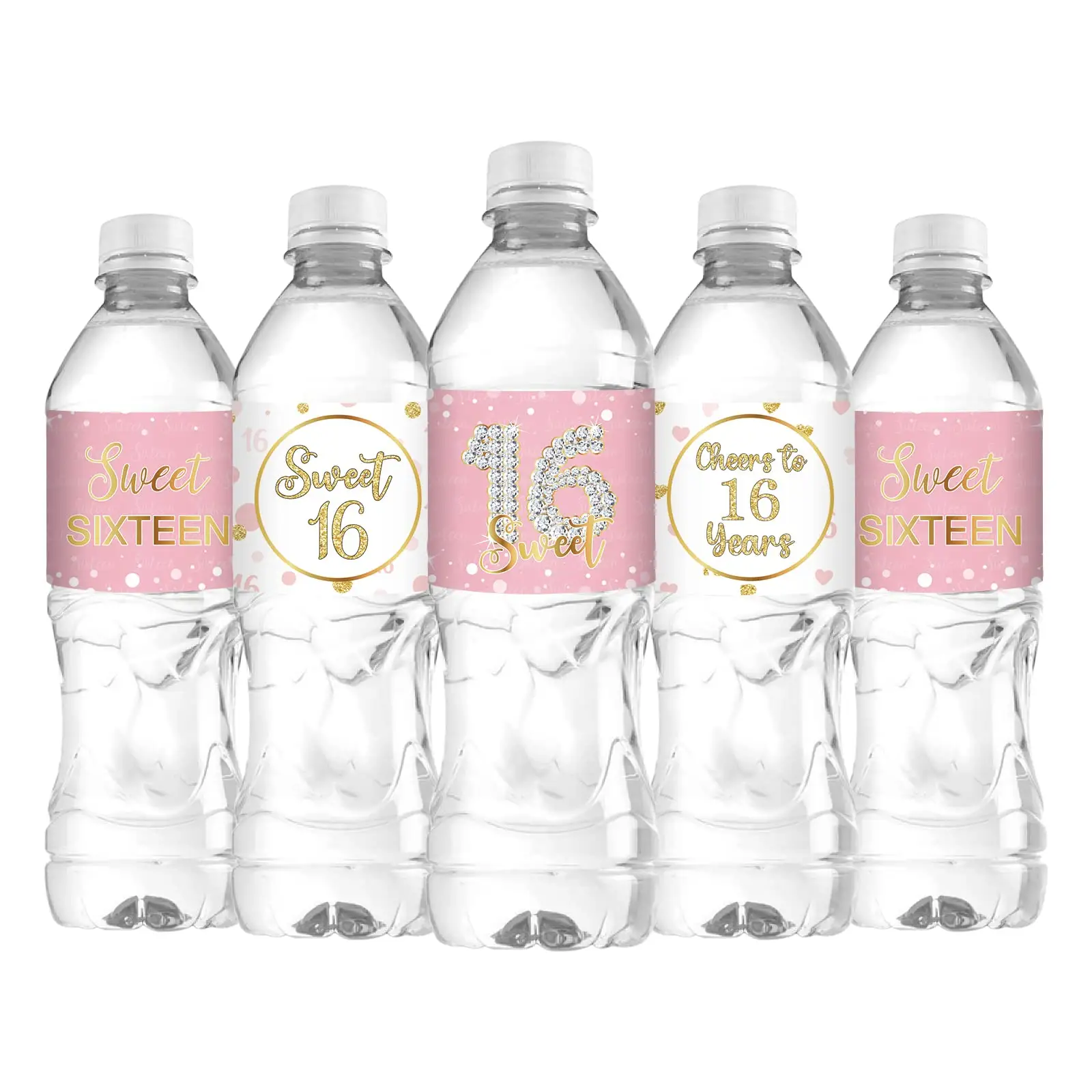 Hot Sale Custom Luxury Creative Sliver Stamping Pink Sixteen Self Adhesive Sticker Mineral Water Plastic Bottle Label