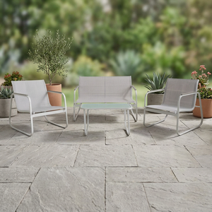 Set da Giardino Galileo 4 Posti Durevole con Tavolino Bianco e Piano in Vetro Temperato Saint Martin, Arredamento da Esterno in Alluminio, Portata 200kg - Product Image 3