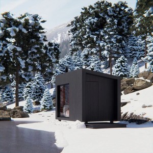Cabine de sauna infrarouge lointain compacte à lattes verticales en hemlock noir avec chauffage intégré, cheminée en pierre, entrée latérale et terrasse - Product Image 4