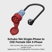 Cable Adaptador de Carga para Vehículos Eléctricos CEE Azul de 32A con Enchufe Tipo 2 para Convertir Energía CEE a Conexión Schuko