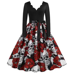 Frauen Kleid Winter Langarm V-Ausschnitt Kürbis Print Halloween Kostüm Party kleider Casual Vintage Plus Size S ~ 3XL Kleidung