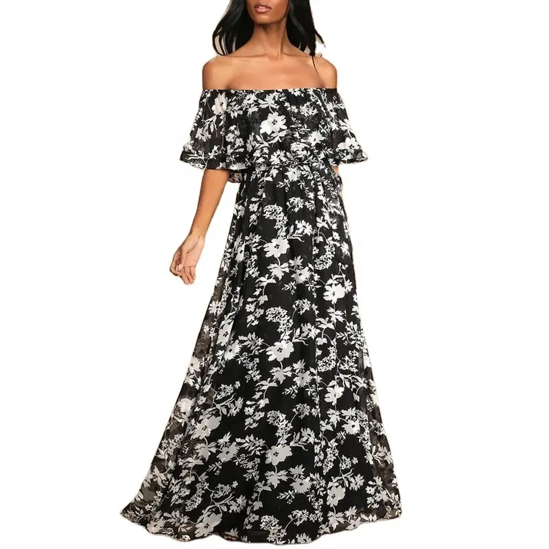 New Ladies Summer Fashion One-Line Neck Black And White Floral Print Ladies Vacation Loose Long Pleated cloth Short Sleeve Dress