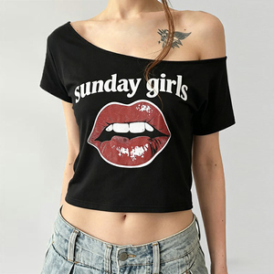 off Shoulder Loose Fit Casual Eco-Friendly Summer Digital Printing Contrast Color Crop T-<b>Shirt</b> for Women - Product Image 1