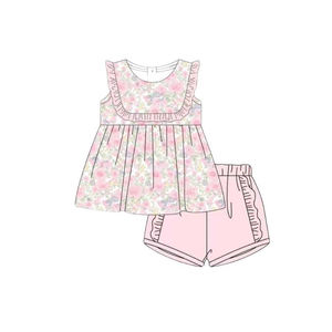 Tenues décontractées personnalisées pour enfants : shorts en tissu peigné à imprimé floral pour filles, robes barboteuses pour bébés, et vêtements assortis pour frères et sœurs - Vente en gros - Product Image 2