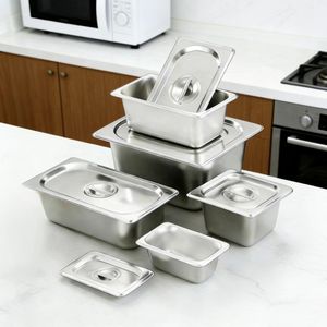 Plateaux de service en acier inoxydable avec couvercles, rectangulaires, format 1/1, qualité restaurant, compatibles lave-vaisselle, usage commercial - Product Image 1