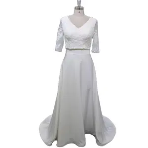 Stock Dress Short sleeves V-neckline bridal gown crepe see though back Two Piece bridal dress