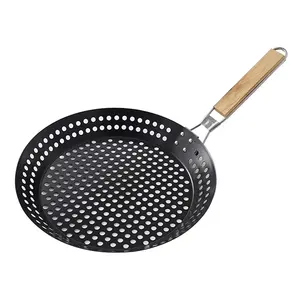 Sartén multifuncional para barbacoa, utensilio de cocina con mango plegable para pícnic perforado redondo, utensilio antiadherente para Pizza y mariscos