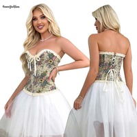 Corsette beige et noire pour femme, style victorien, avec dentelle au dos, plissée florale, baleinée, maintien ferme, grandes tailles XS-XXL