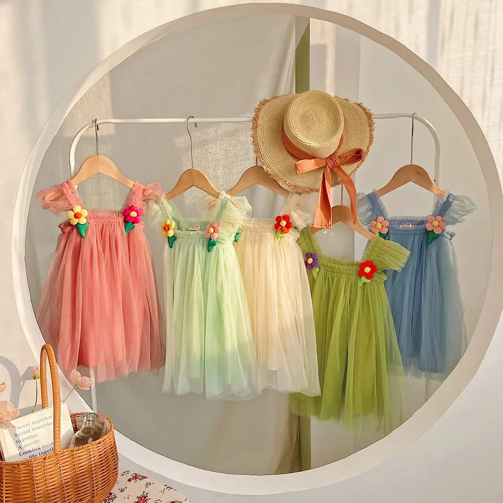 Ins gaun bayi perempuan tali selempang gaun musim panas warna polos gaun anak perempuan kecil gaun tulle tutu untuk 1-10 tahun