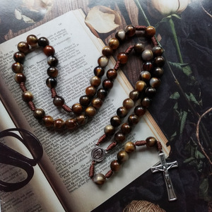 Rosario da 10 mm con perle in agata, collana cattolica per <span class=keywords><strong>uomo</strong></span> e donna, rosari intrecciati a mano con crocifisso e medaglia di Santa Maria - Product Image 4