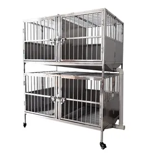 Cage pour chien en acier inoxydable pliable double intérieure et extérieure robuste avec bac d'égouttage 4 portes avec séparateur au milieu