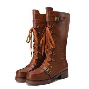 Western Style Women Lace up <b>Boots</b> Belt Metal Buckles Cowboy Knee High Long Booties Ladies Low Chunky Heels Shoes - Product Image 1