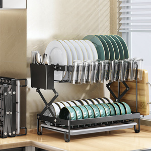 Escurridor de Platos Plegable de Doble Capa con Bandeja para Almacenamiento en la Encimera de la Cocina, Tamaño L - Product Image 4