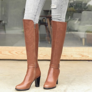 Solid Ankle Buckle Pointed Toe Side Zip Women Knee High Boots Chunky Heel PU Upper High <b>Booties</b> Large Size 43 Boots - Product Image 1
