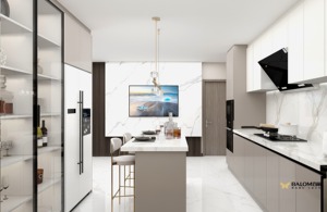 Juego de armario de cocina modular moderno de lujo, mesa de piedra de cuarzo de madera maciza personalizada, muebles de comedor de isla para Villa - Product Image 2
