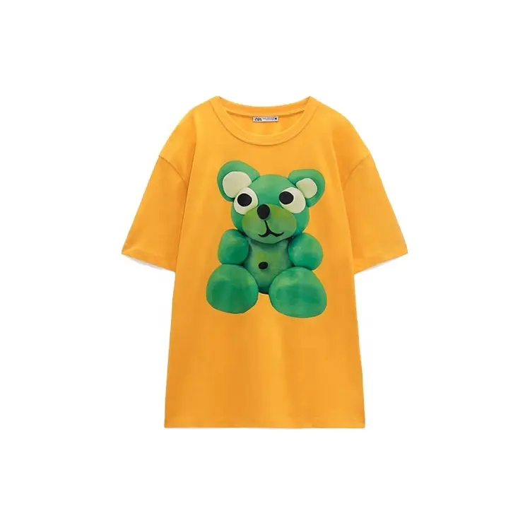 Custom Top Quality Design Printing Green Bear Pattern 100% Cotton Print Ladies T Shirt