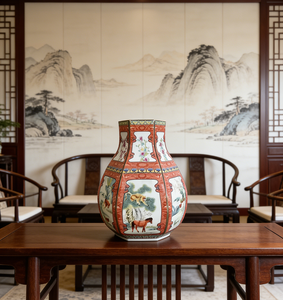 Ottimo Vaso in Ceramica Smaltata Cinese con Animali dello Zodiaco (Cavallo, Scimmia) e Fiori, Vaso in Porcellana Antico di Jingdezhen - Product Image 1