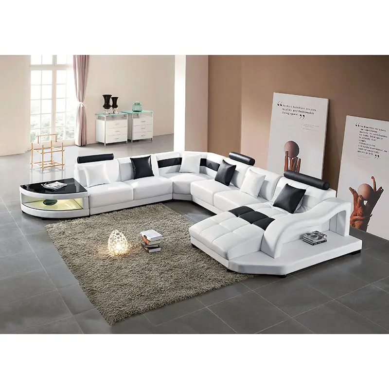 Modern melhor venda de móveis de sala de estar sofás designs branco forma de u sofá de couro seccional com luz led