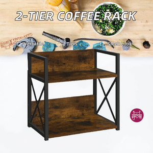 Étagère de comptoir moderne en bois et fer, organisateur à 2 niveaux pour bar à café et épices, rangement robuste pour tasses et mugs - Product Image 2