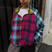 Veste coupe-vent unisexe personnalisée à blocs de couleurs, motif écossais, patchwork, col montant zippé, style streetwear ample, manteau bomber léger