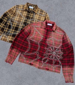 Youmi Tùy Chỉnh Retro Hoa Nút Áo Sơ Mi Cho Nam Giới 100% Cotton Axit Rửa Đau Khổ Flannel Rhinestone Ve Áo Thời Trang Đường Phố - Product Image 2