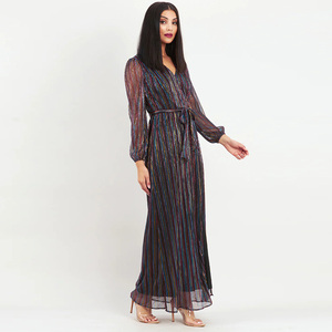 Su misura Oem di alta qualità signore collo a V <span class=keywords><strong>maniche</strong></span> <span class=keywords><strong>lunghe</strong></span> pieghettato maglia glitterata Maxi abito lungo per le donne - Product Image 1