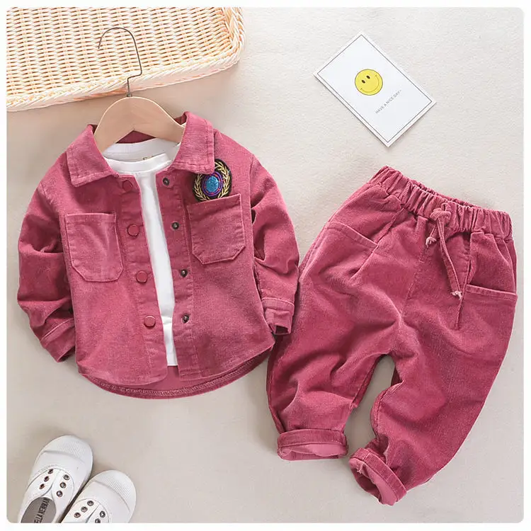 Hoge Kwaliteit Soft Touch Kids Trainingspak Mode Jongens Meisjes Lente Baby Set Kleding Goedkope Corduroy Shirt 2 Stuk