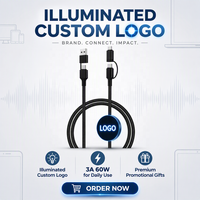 Câble de charge LED 4-en-1 haut de gamme USB-C vers USB-C 60W PD à charge rapide, tressé en nylon, avec logo personnalisé, cadeau d'entreprise