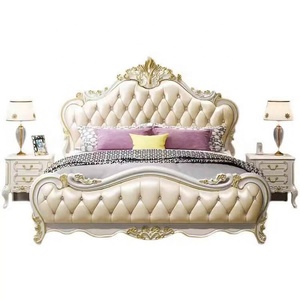 Luxury <strong>Antique</strong> European French Bedroom Furniture Set Ivory White <strong>Frame</strong> Carved Royal Leather <strong>Bed</strong> for Hotel Courtyard Room - Product Image 1