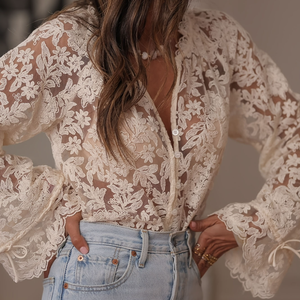 Damen V-Ausschnitt Langarm-Spitzenbluse mit Hohlblumen-Stickerei, Boho-Chic für Dates und Urlaub, Schickes Layering für Damen - Product Image 1
