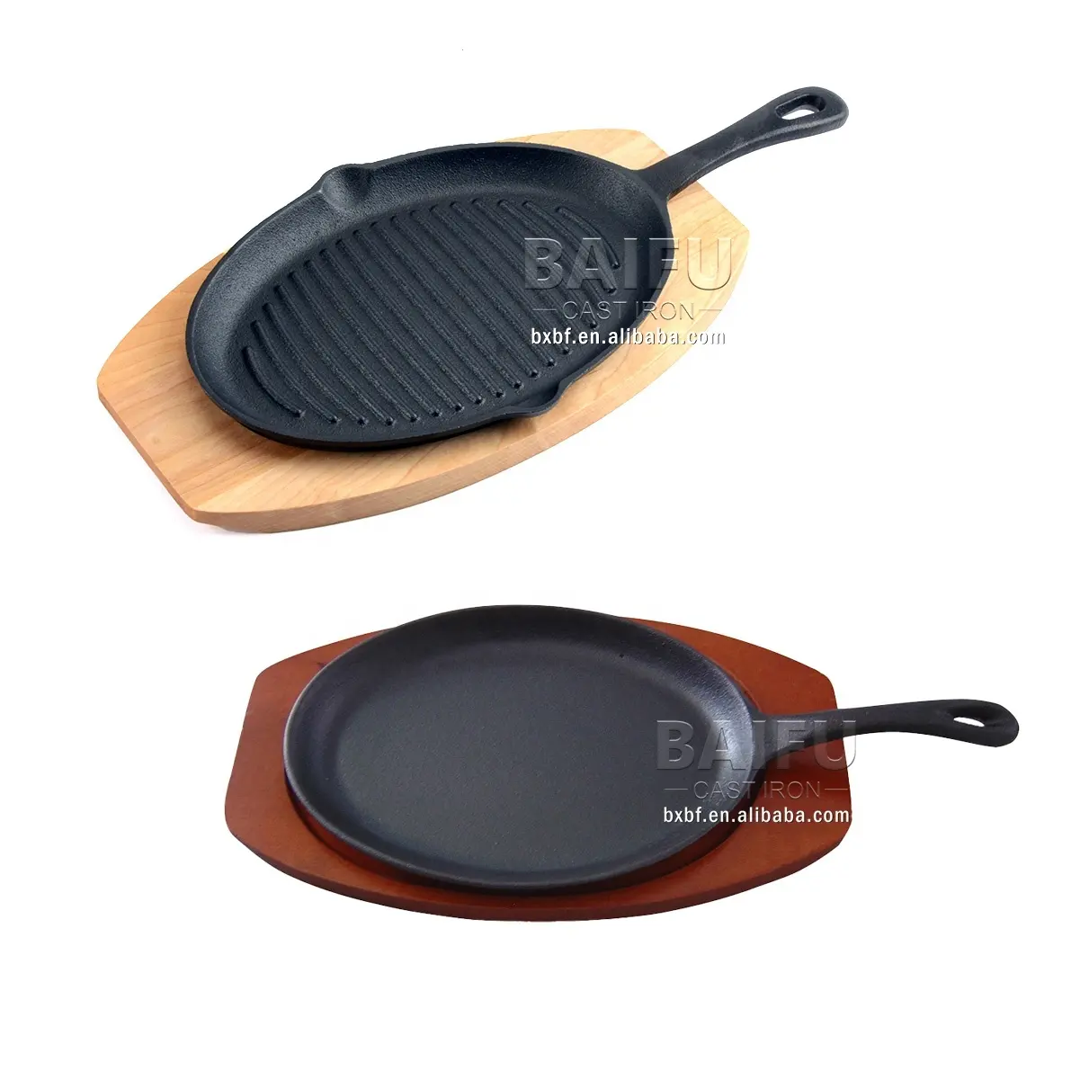 Dökme demir cızırtılı Pan Fajita tava yapışmaz cızırtılı plaka ile ahşap taban
