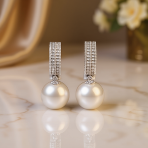 Orecchini Classici con Perle e Diamanti, Taglio Brillante Rotondo in Diamante Naturale Bianco Champagne, Gioielli da Sposa per Donne - Product Image 2