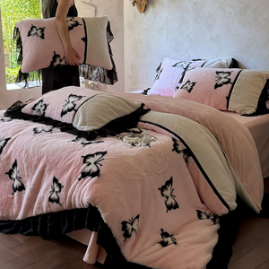 Pink Black Butterfly <strong>Teddy</strong> Fleece Bedding <strong>Set</strong> 4pcs Black Mesh Ruffle Lace Edge Warm Winter Bed Skirt Linen - Product Image 5