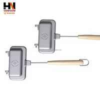 Poêle à tarte multifonctionnelle double face en aluminium antiadhésif, poêle à sandwich pour feu de camp, poêle à frire de camping avec longues poignées en bois