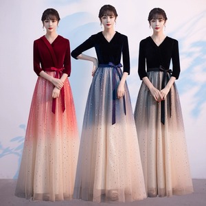 Adult Evening Gown Long <b>Dress</b> V-Neck <b>A</b>-<b>Line</b> Gradient Color Starry Tulle Wrap Tie Formal Party Performance Costume - Product Image 1
