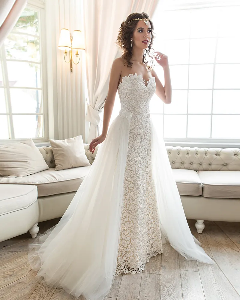 Robe de mariée sirène en dentelle 2 en 1 avec traîne détachable, Sexy, col en cœur, trompette élégante, 2021