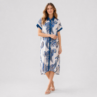 Robe chemise midi bleue à imprimé cachemire pour femme, manches courtes, col boutonné, vente en gros, marque privée, usine OEM ODM