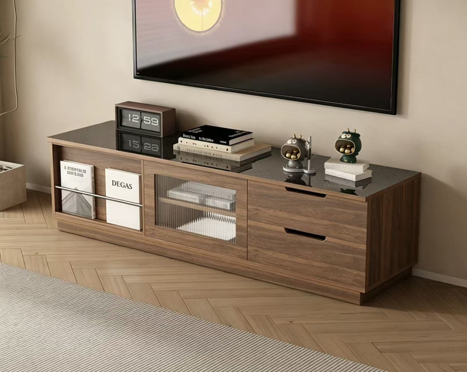 Mueble para TV 100x60 + 150, cristal negro, 4 taburetes (cristal opcional)