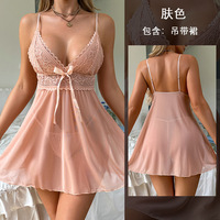 Setelan Baju Tidur Malam Musim Panas Romantis Elegan, Piyama Seksi Bertali Tipis, Motif Polkadot, Rajutan Jala, Pinggang Elastis, Panjang Selutut