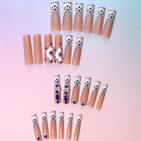 30pcs Kuku Palsu Panjang Bentuk Coffin Buatan Tangan Biru Putih Talavera 3D Bunga Berhias Rhinestone ABS Full Cover untuk Wanita
