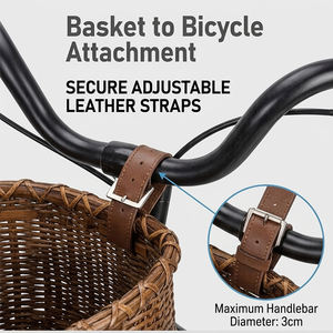 Panier de vélo en rotin fait main avec porte-gobelet - Porte-bagages avant amovible pour guidon avec sangles en cuir réglables - Product Image 5