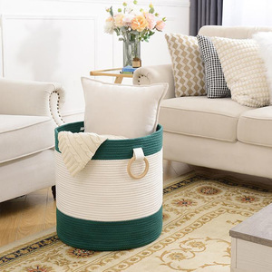 Panier à linge rond en coton tissé nordique, grande capacité, avec poignées, pour le rangement des jouets, blanc gris - Product Image 4