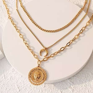 Collier en acier titane personnalisé avec pendentif tête de Lion, pièce de lune, ras du cou, chaîne en or à 3 couches, <span class=keywords><strong>2022</strong></span> - Product Image 2