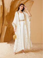 Abaya 2 pièces élégante à fleurs, en polyester respirant et infroissable, brodée à la main avec des sequins et des imprimés dorés, style turc, robe musulmane