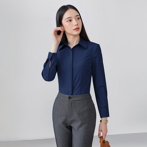 Women's Professional Sky Blue Shirt Long Sleeve Solid Color Office Wear Polyester Broadcloth - Product Image 4