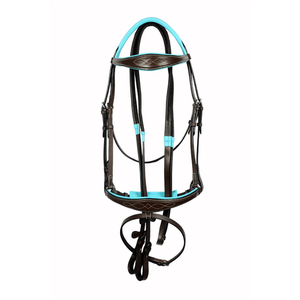 Bridon de spectacle en cuir véritable anatomique, rembourré, avec surpiqûres fantaisie, bleu sarcelle, avec rembourrage doux pour frontale et muserolle, équipement d'équitation anglais, vente en gros OEM - Product Image 3