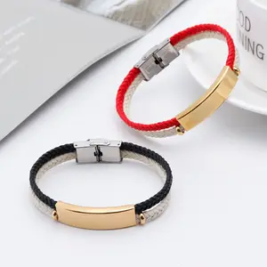 2024 Custom Engrave Gold Stainless Steel Anchor Multilayer 2 Colors Braided Black Pu Leather Woven Bracelet Couple