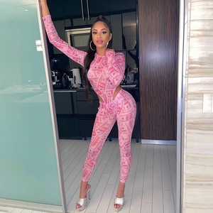 Moda <span class=keywords><strong>manga</strong></span> larga dinero estampado malla mono Top y Legging conjunto <span class=keywords><strong>de</strong></span> dos piezas trajes mujeres dinero movimiento Rosa conjunto a juego - Product Image 1