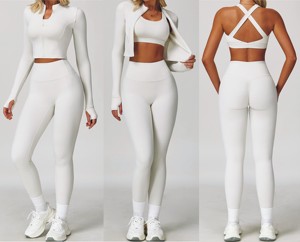 Ensemble <span class=keywords><strong>Sport</strong></span> <span class=keywords><strong>Luxe</strong></span> pour Entraînement d'Été – Legging Taille Haute, Veste et Soutien-Gorge – Tenue Active 3 Pièces pour Danse, Jogging, Équitation, Fitness et Yoga - Product Image 1