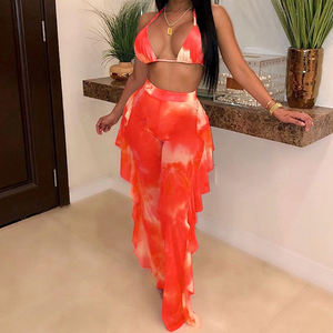 ODM femmes Tie-dye maillots de bain maille trois pièces tenues maillot de bain haut court à volants pantalons longs maillot de bain maillot de bain Biquini - Product Image 5